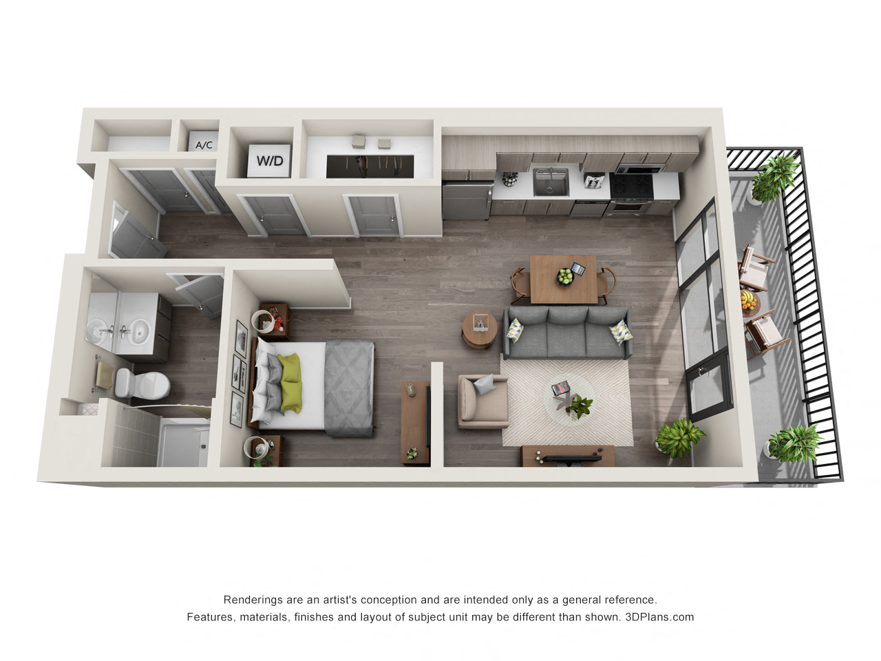 Floor plan for studio, 1 bath, 633 sqft